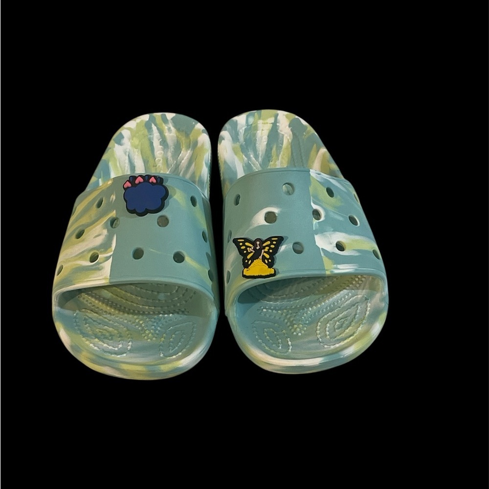 CROCS Kids Slide Sandals with Butterfly and Paw Charms - Green and Yellow